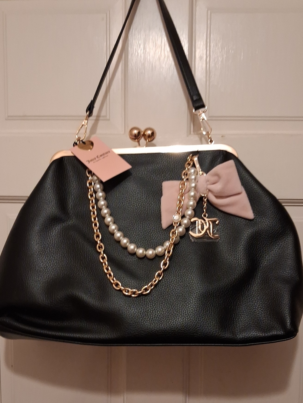 Juicy Conture Black Faux Leather Frame Satchel with Pearl and Bow Accent